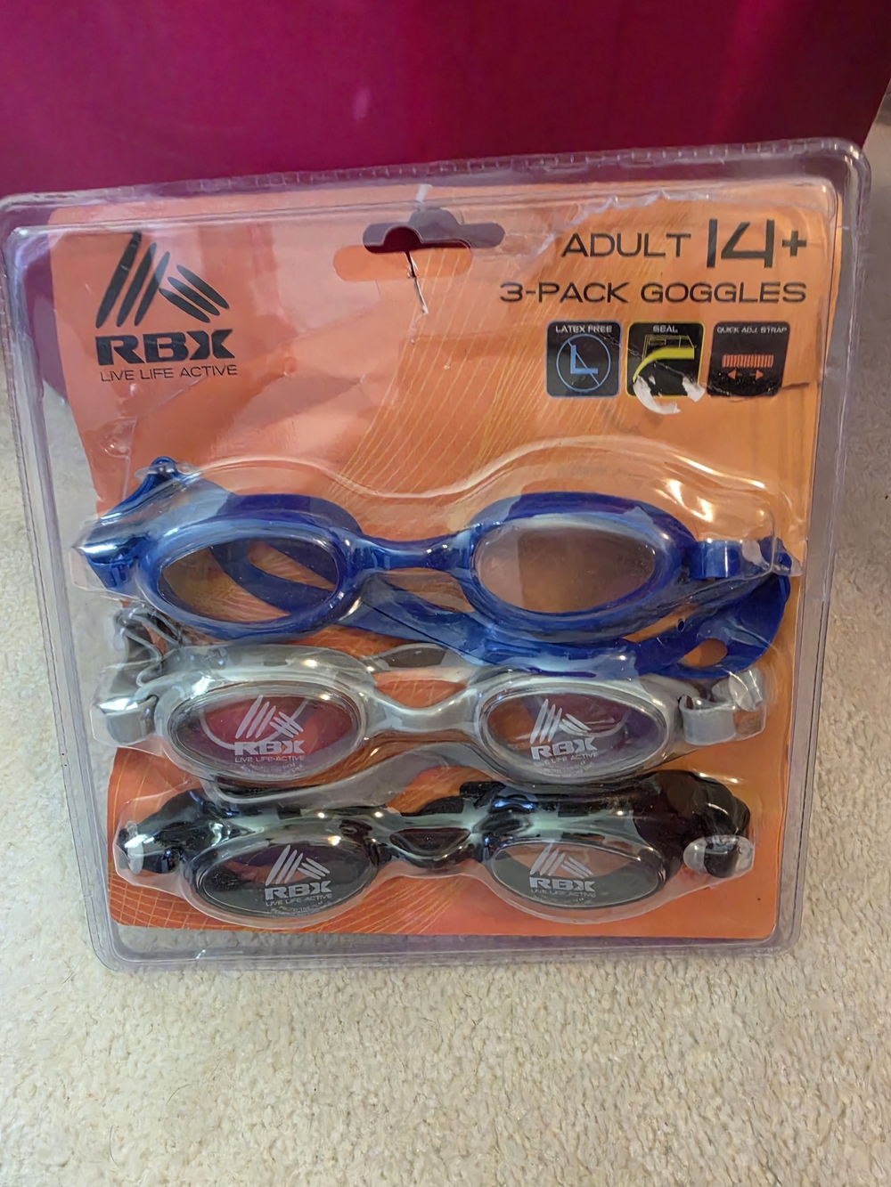 Brand NEW RBX Adult 3-Pack Swim Goggles - Blue, Silver, Black